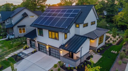 Solar panels on the gable roof of a beautiful modern home.