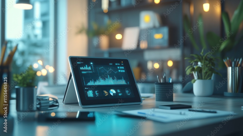 Poster tablet displaying financial graphs on a modern office desk.
