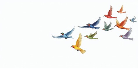 Obraz premium A vibrant flock of colorful birds soars dynamically through the sky, embodying freedom and the beauty of nature.