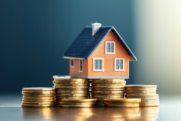 Miniature house on stacked golden coins business concept financial success indoor close-up wealth creation