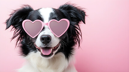 Fototapeta premium Black and white cute dog on pastel background. Border Collie puppy in pink heart shaped Valentine's day sunglasses. Greeting card banner for Women's and Mother's day, birthday, wedding with copy space