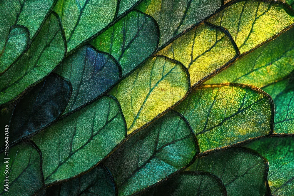 Poster Close-up of vibrant green and yellow iridescent insect wings, showing intricate vein patterns and overlapping scales.