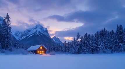 A peaceful winter cabin glowing warmly under a soft blue snowy sky