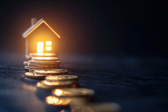 Staircase of coins leading to a glowing home financial growth metaphor dark background inspirational concept
