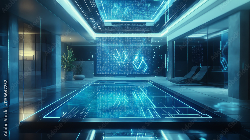 Poster a hologram of a swimming pool. a pool of polygons, triangles of points and lines. the pool is a low-