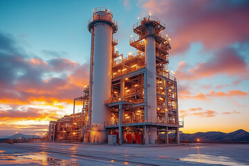 An industrial facility features tall structures set against a vibrant sunset sky. Generative AI