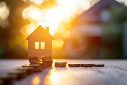 Building wealth wooden block staircase and coins symbolize financial growth towards home ownership outdoor setting sunrise view