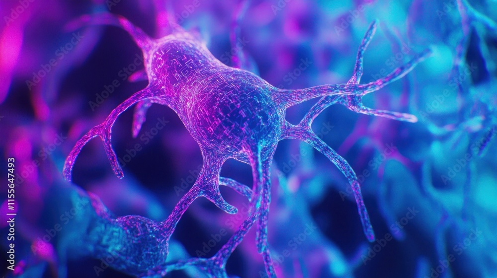 Poster Microscopic view of a vibrant neuron cell with glowing dendrites and axon.