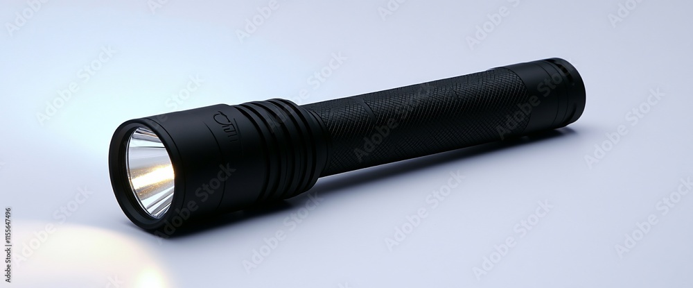 Poster a sleek black flashlight designed for illumination in dark environments.
