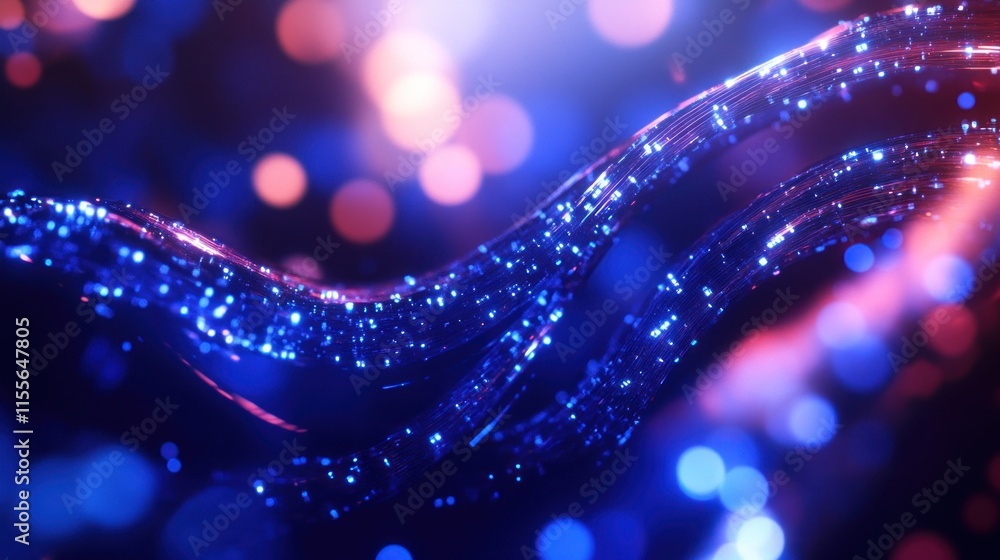 Poster abstract glowing blue and pink particles flowing in waves on dark background.
