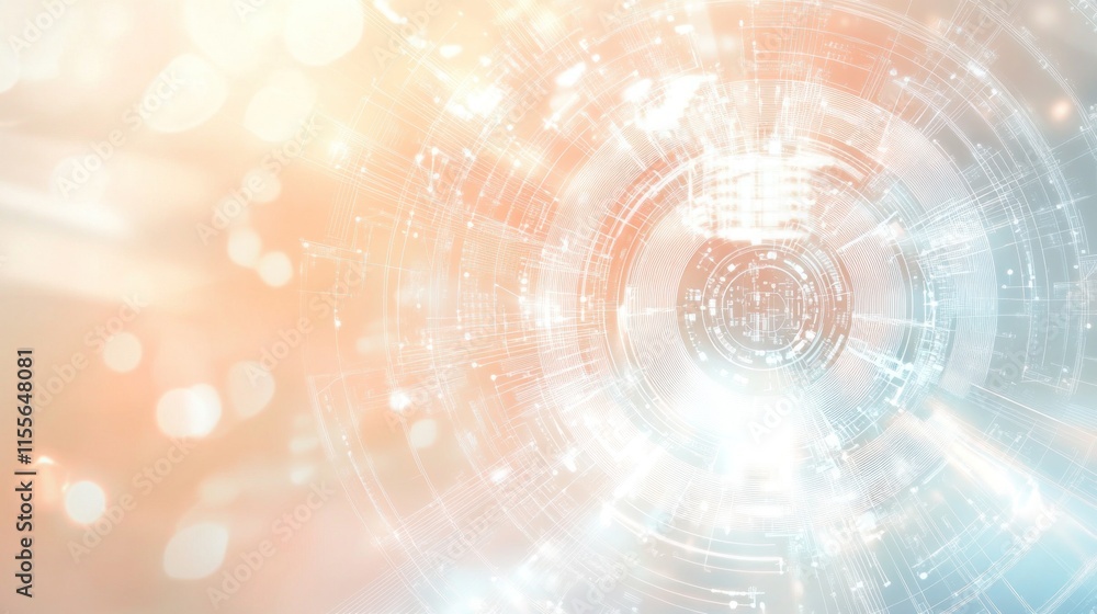 Poster abstract technology background with glowing concentric circles and bokeh lights.