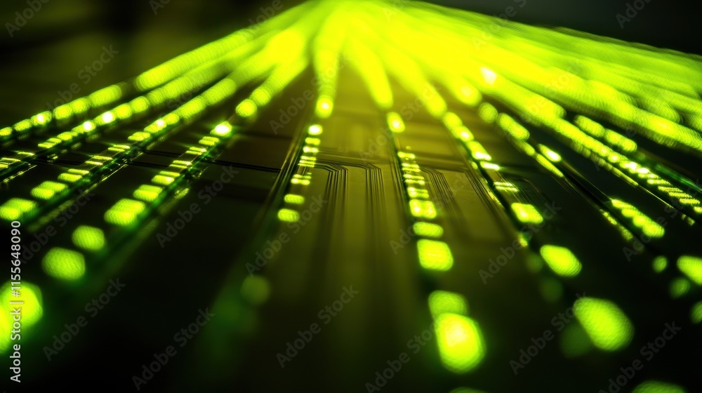 Poster abstract green glowing lines converging to a vanishing point, suggesting technology, data, or networ
