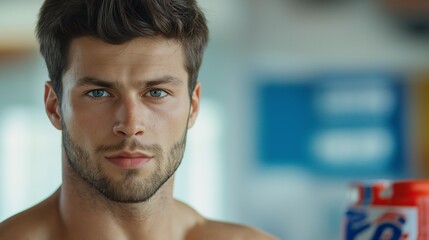 Fototapeta premium Confident Male Athlete Posing in a Fitness Environment with Strong Facial Features and Blue Eyes, Perfect for Health and Wellness Promotions