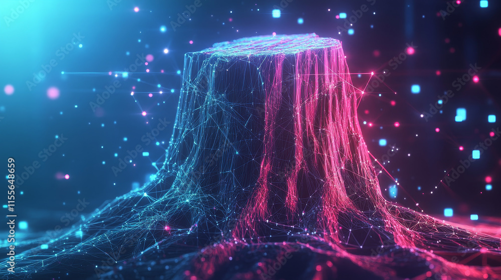 Poster hologram stump. stump made of polygons, triangles, dots, and lines. low-poly stump structure of conn