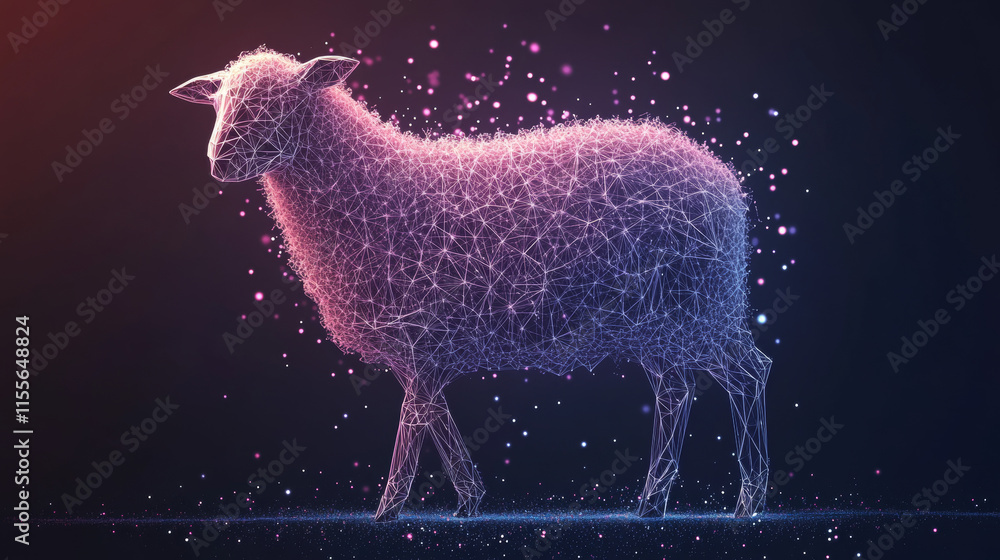 Poster hologram sheep. sheep made of polygons, triangles, dots, and lines. low-poly sheep structure of conn