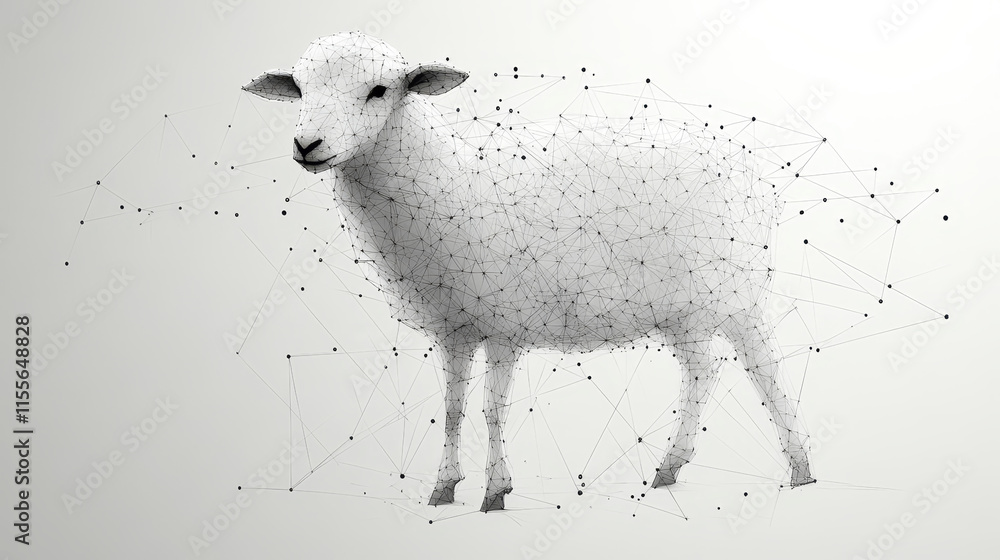 Poster hologram sheep. sheep made of polygons, triangles, dots, and lines. low-poly sheep structure of conn