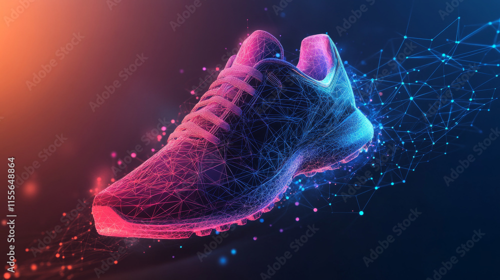 Poster hologram running. sneakers made of polygons, triangles of dots and lines. running shoes have a low p