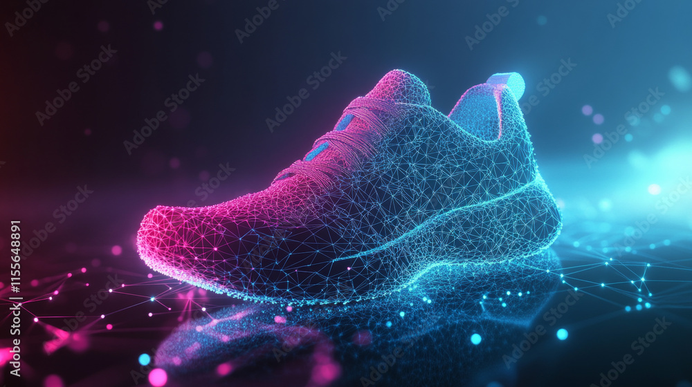 Poster hologram running. sneakers made of polygons, triangles of dots and lines. running shoes have a low p