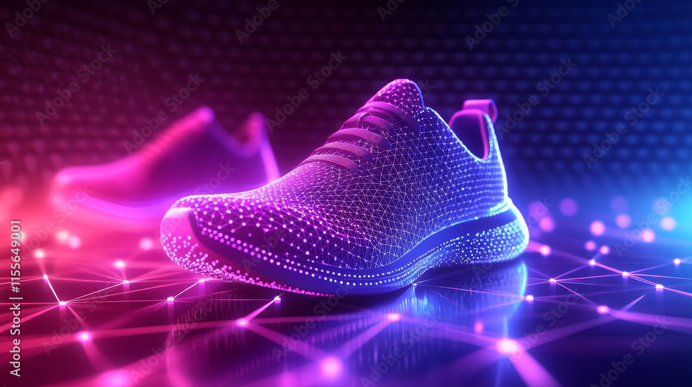 Poster hologram running. sneakers made of polygons, triangles of dots and lines. running shoes have a low p