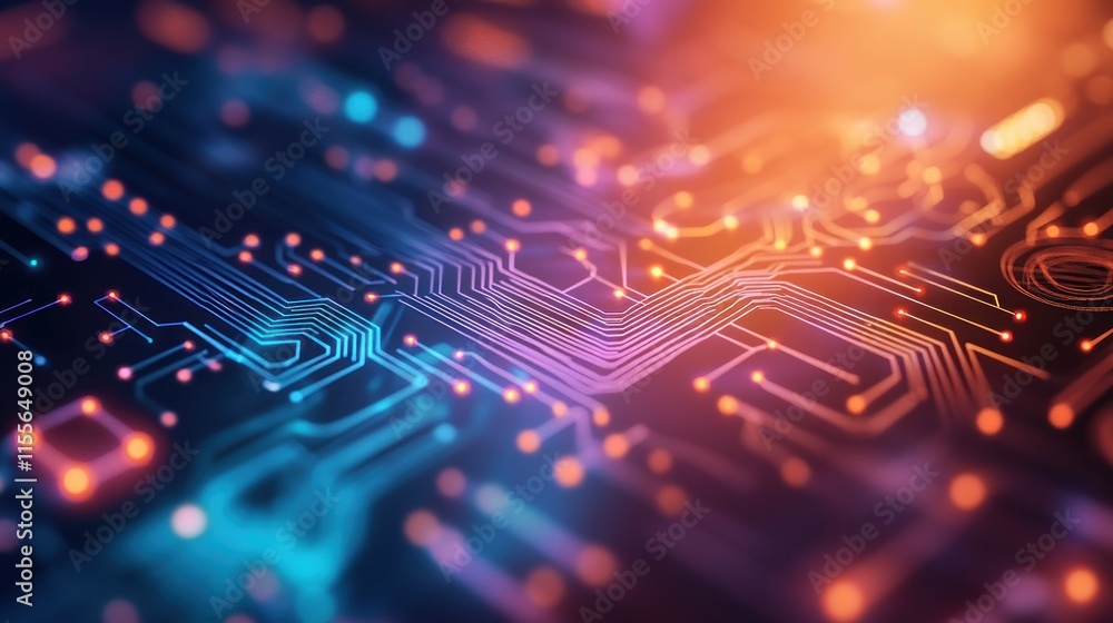 Aufkleber abstract glowing circuit board texture with orange and blue lines.