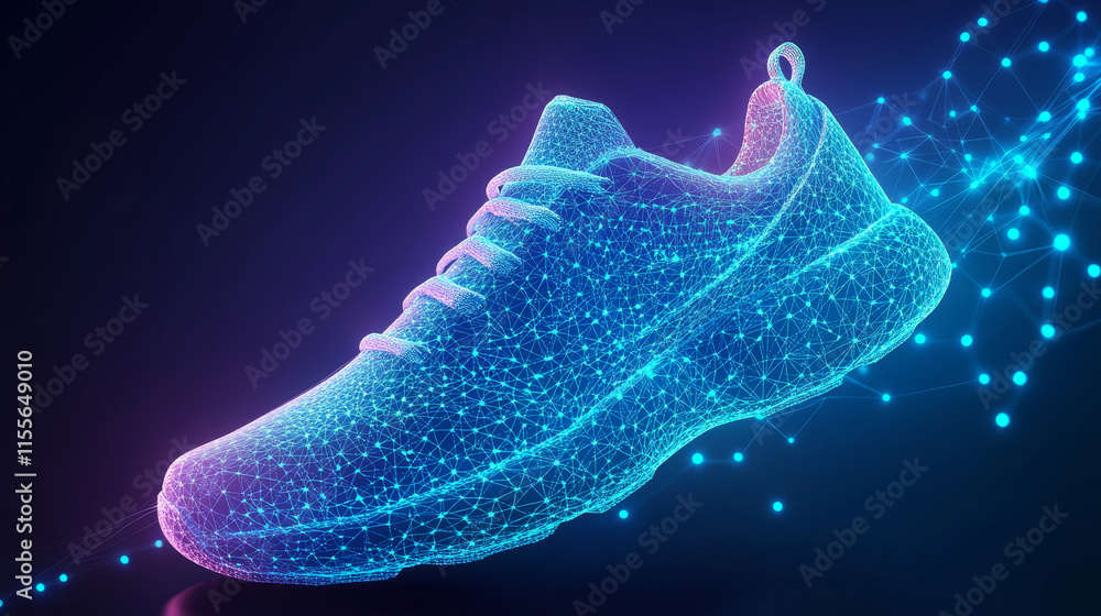 Poster hologram running. sneakers made of polygons, triangles of dots and lines. running shoes have a low p