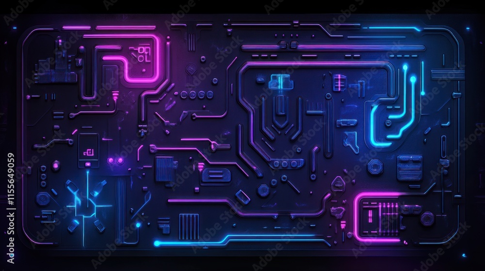 Poster futuristic neon circuit board with glowing lines and components.
