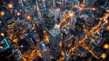 Smart cities abstract futuristic cityscapes with interconnected buildings, colorful lights, and data streams