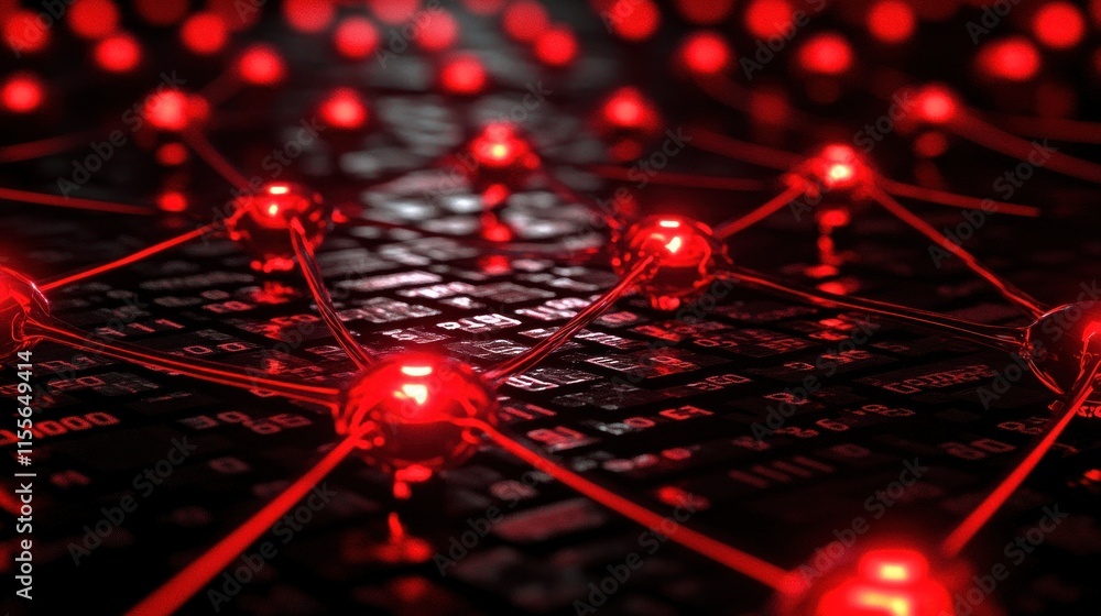 Aufkleber Red glowing nodes connected by lines on a dark circuit board, representing a network or system.