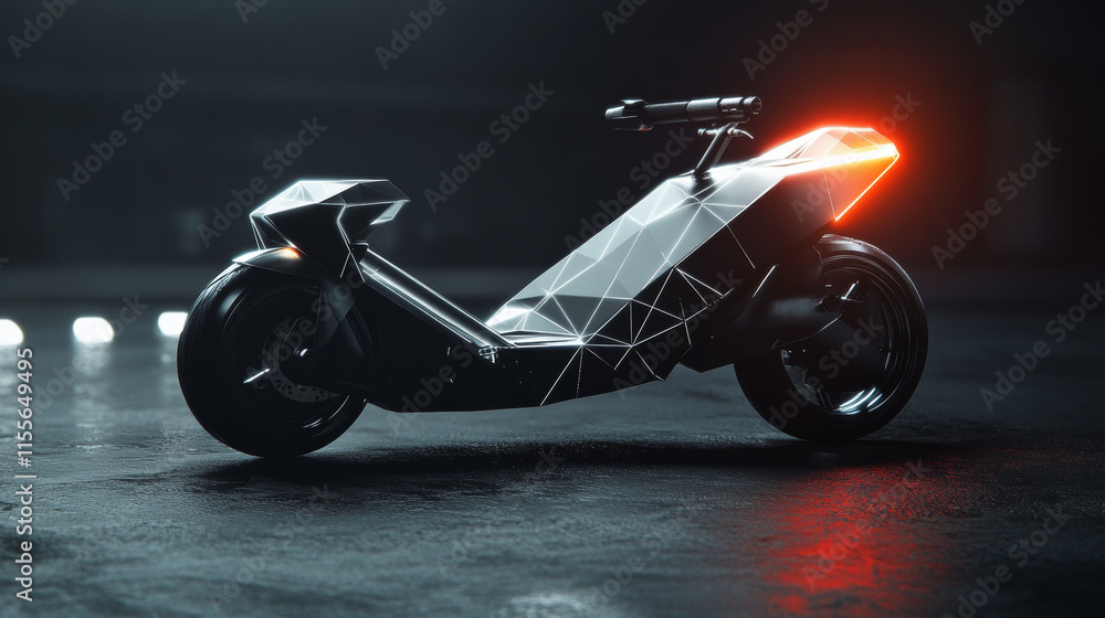 Poster a hologram scooter. a scooter made of polygons, triangles of dots and lines. the scooter has a low p