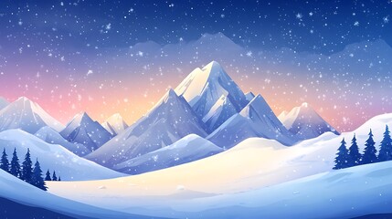 A magical holiday background with snow-covered mountains under a glowing blue sky