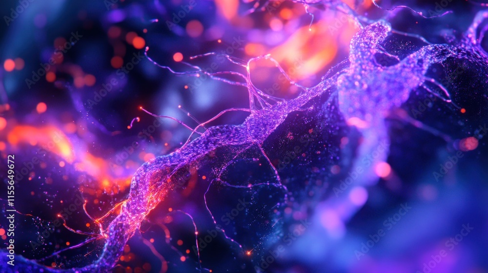 Poster Abstract vibrant energy flow with glowing particles and wave-like structures.