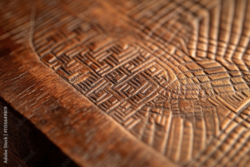Poster close-up of intricately carved wooden surface with geometric patterns.