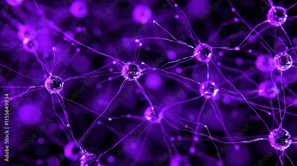 Poster Abstract purple neural network, interconnected nodes and synapses.