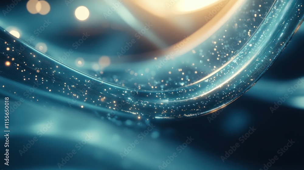 Poster abstract glowing blue and gold wave with particles.