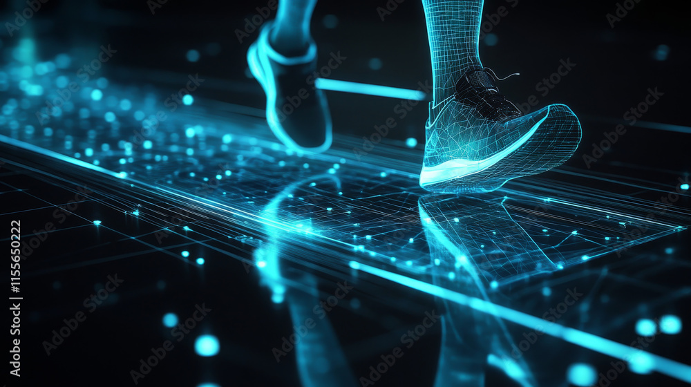 Poster hologram treadmill. treadmill made of polygons, triangles, dots, and lines. low-poly treadmill struc