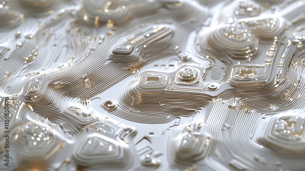 Aufkleber Abstract 3D rendering of a white textured surface with layered, circuit-like patterns resembling a futuristic landscape.