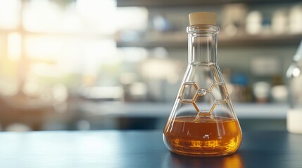 Glassware in Laboratory Setting with Blue Background and Orange Liquid in Focus for Scientific Research and Experimentation Visuals