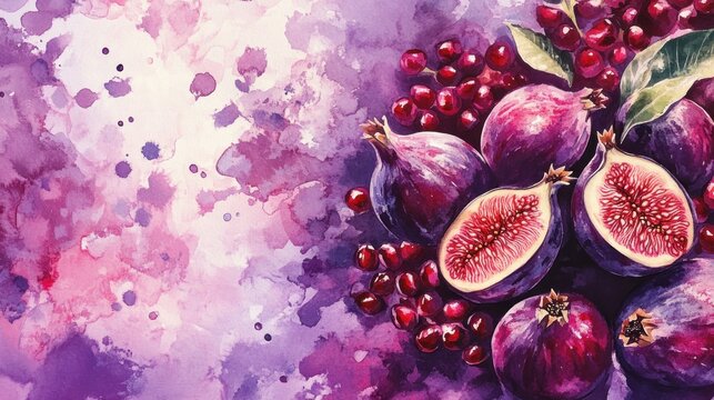 Watercolor painting of figs and pomegranate seeds.