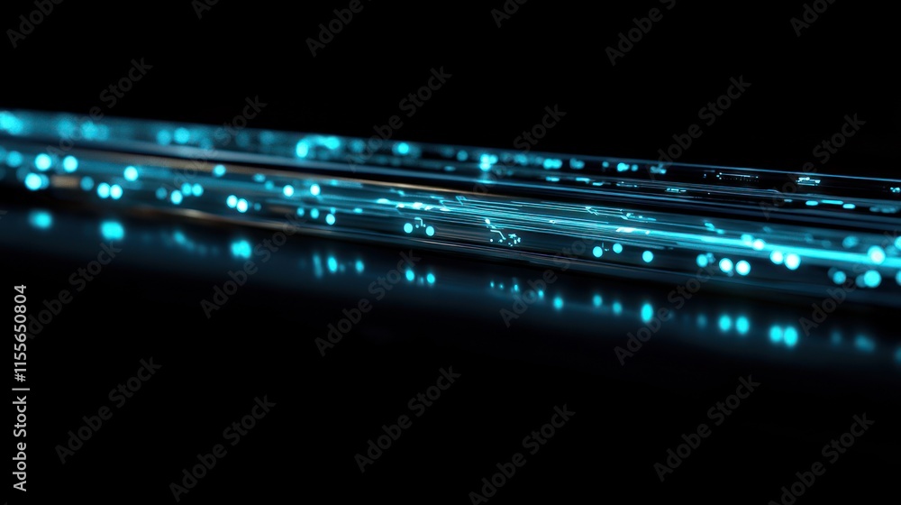 Poster abstract blue glowing lines and particles on dark background.