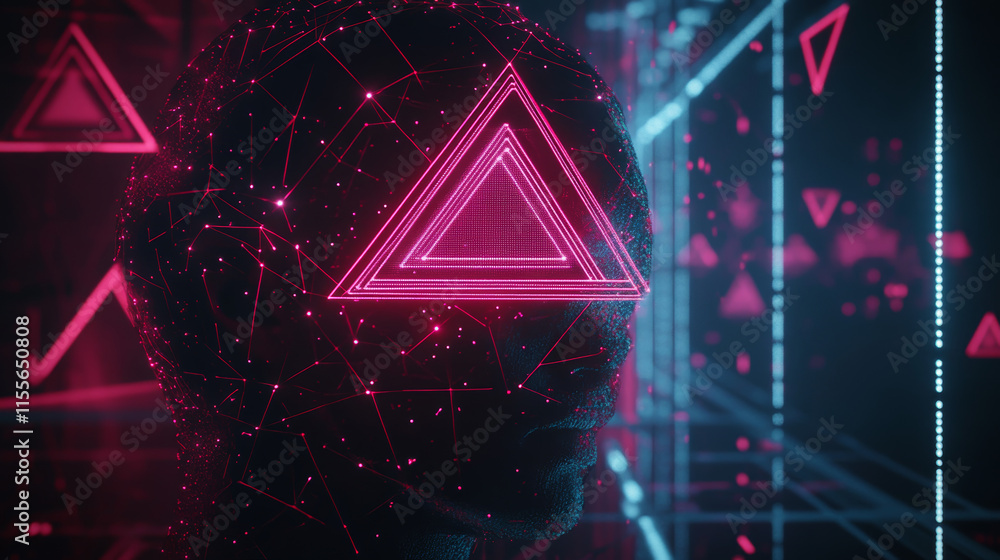 Poster hologram ai security. ai security made of polygons, triangles, dots, and lines. low-poly ai security