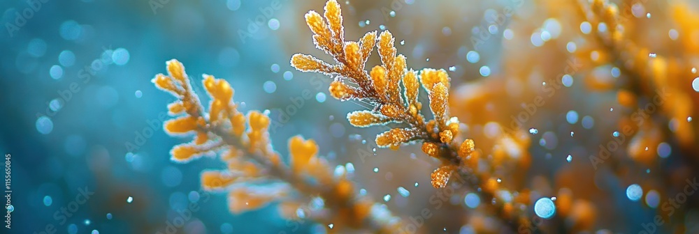 Aufkleber Close-up of frost-covered branches with bokeh background.
