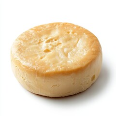 A round yellow cheese is on a white background