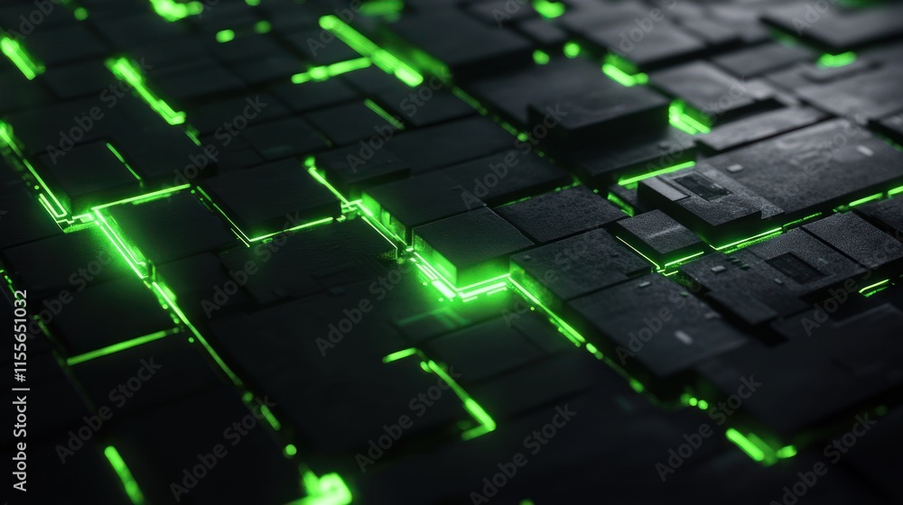 Poster Abstract dark grey blocks with glowing green lines.