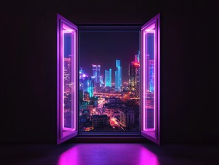 Neon-lit doorway reveals vibrant cityscape at night.