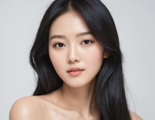 Fototapeta premium Portrait of a beautiful young Asian woman with fresh clean skin and long thick black hair