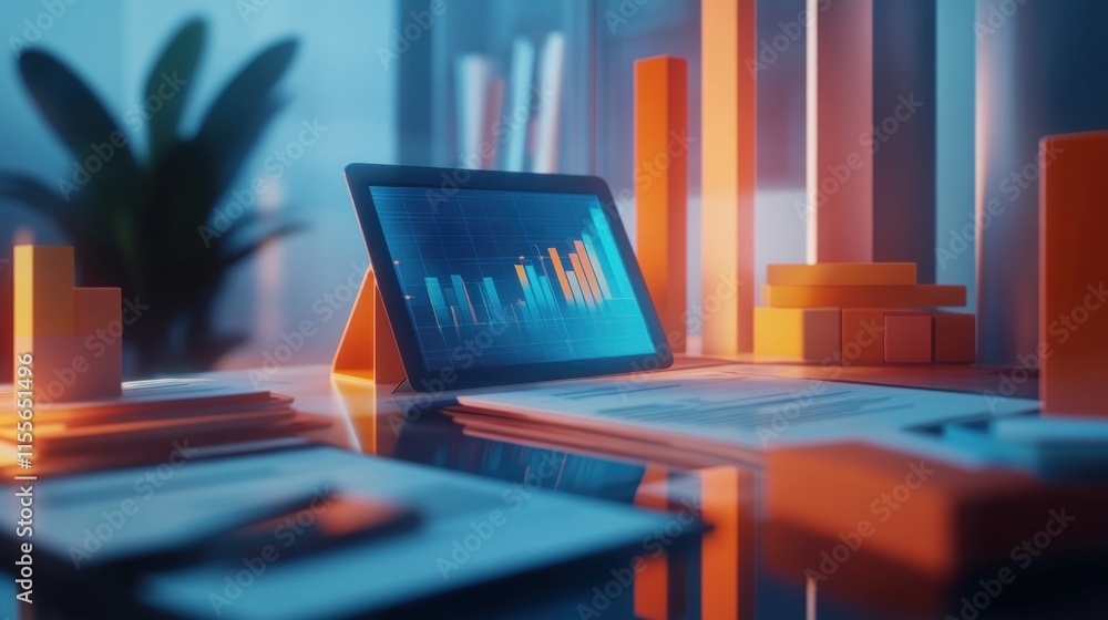 Poster Tablet displaying financial graphs sits on a desk with paperwork and abstract geometric shapes.