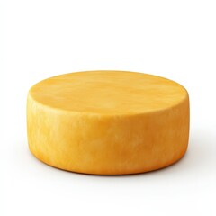 A yellow cheese wheel is sitting on a white background