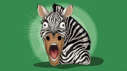 A funny zebra with a shocked expression in front of a green background with ample space
