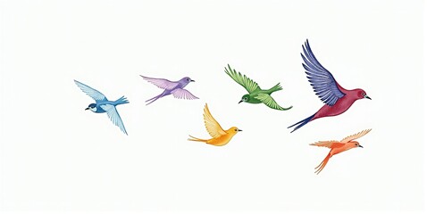A vibrant flock of colorful birds soars dynamically through the sky, embodying freedom and the beauty of nature.