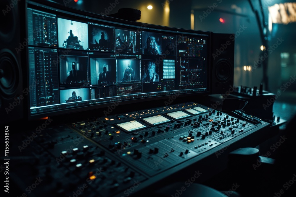 Fototapete Video editing suite with large monitor displaying multiple video feeds and professional audio mixer.